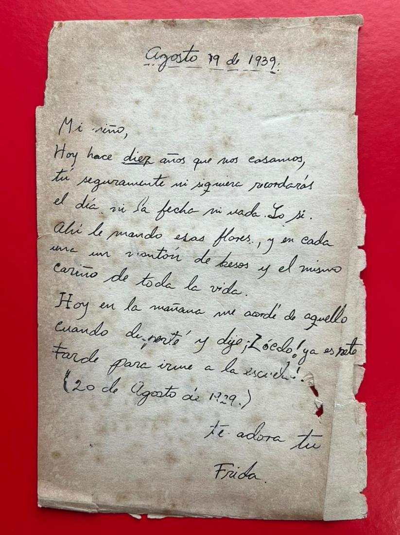 FRIDA KAHLO, IN THE STYLE OF: LETTER FROM FRIDA KAHLO TO DIEGO RIVERA, 1929: In the style of Frida Kahlo letter on paper: Letter from Frida Kahlo to Diego Rivera, 1929â€¦â€¦â€¦â€¦â€¦â€¦â€¦â€¦â€¦â€¦ Measures: 12.5 x 18 cms aproxâ€¦â�