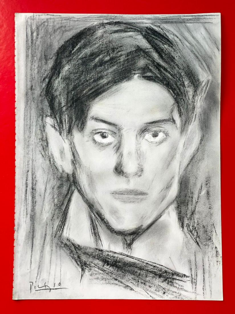 PABLO PICASSO - IN THE STYLE OF: SELF-PORTRAIT, 1901: In the style of Vincent Pablo Picasso drawing on paper: Self-Portrait, 1901.........Measures: 20 x 27.5 cms......... As a significant influence on 20th-century art, Pablo Picasso was an innovative art