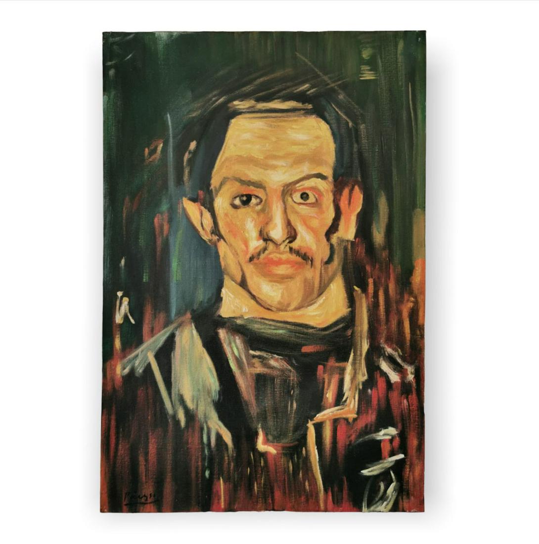 PABLO PICASSO: SELF-PORTRAIT, 1901 (IN THE STYLE OF): Oil on Canvas painting, Pablo Picasso: Self-Portrait, 1901 (In the style of)â€¦â€¦............... Measures: 60 x 40 cms approxâ€¦. This item will sell as "in the style of"â€¦â€¦..�