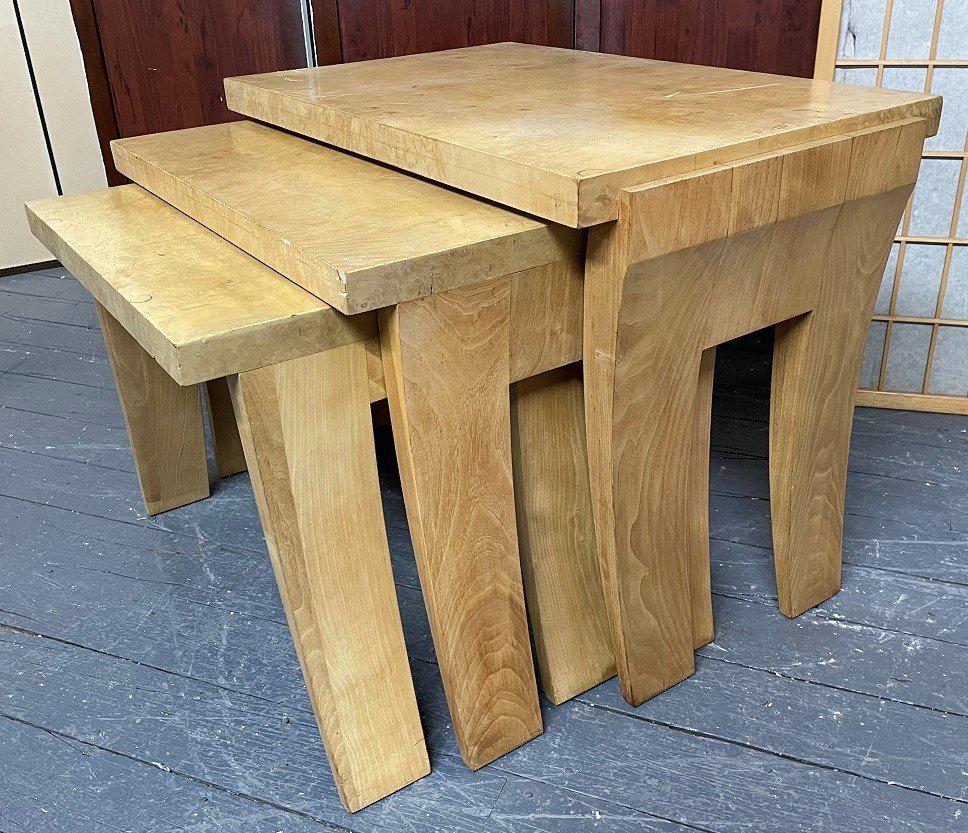 Burlwood Nest of Tables: Burlwood nest of tables. Can be used together or separately. Larger table measures: 22H x 29.25W x 18D