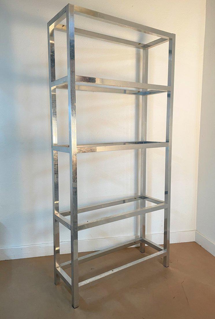 Aluminum Etagere: Aluminum Etagere with 5 glass shelves. Measures: 82.5H x 40W x 14D.