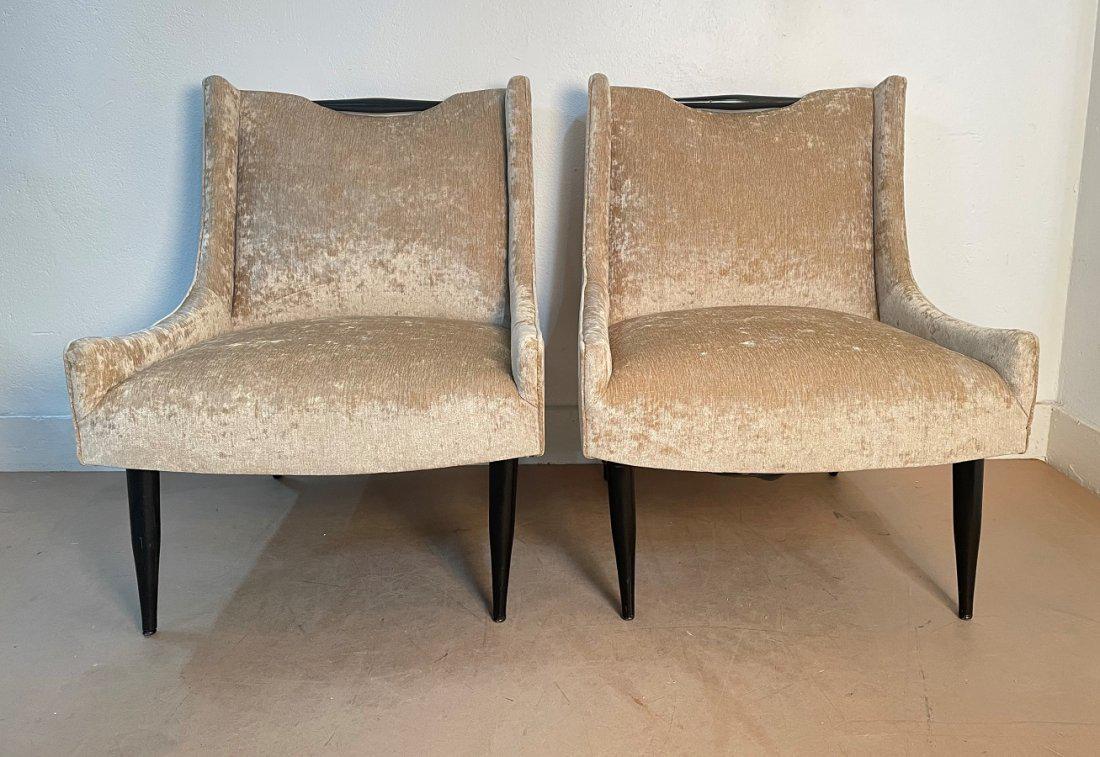 Harvey Probber Style Lounge Chairs: Harvey Probber Style Lounge Chairs. Upholstered in velvet with painted black legs. The top of chairs also has a painted black connector. Measures: 32H x 25W x 29D. SH: 16