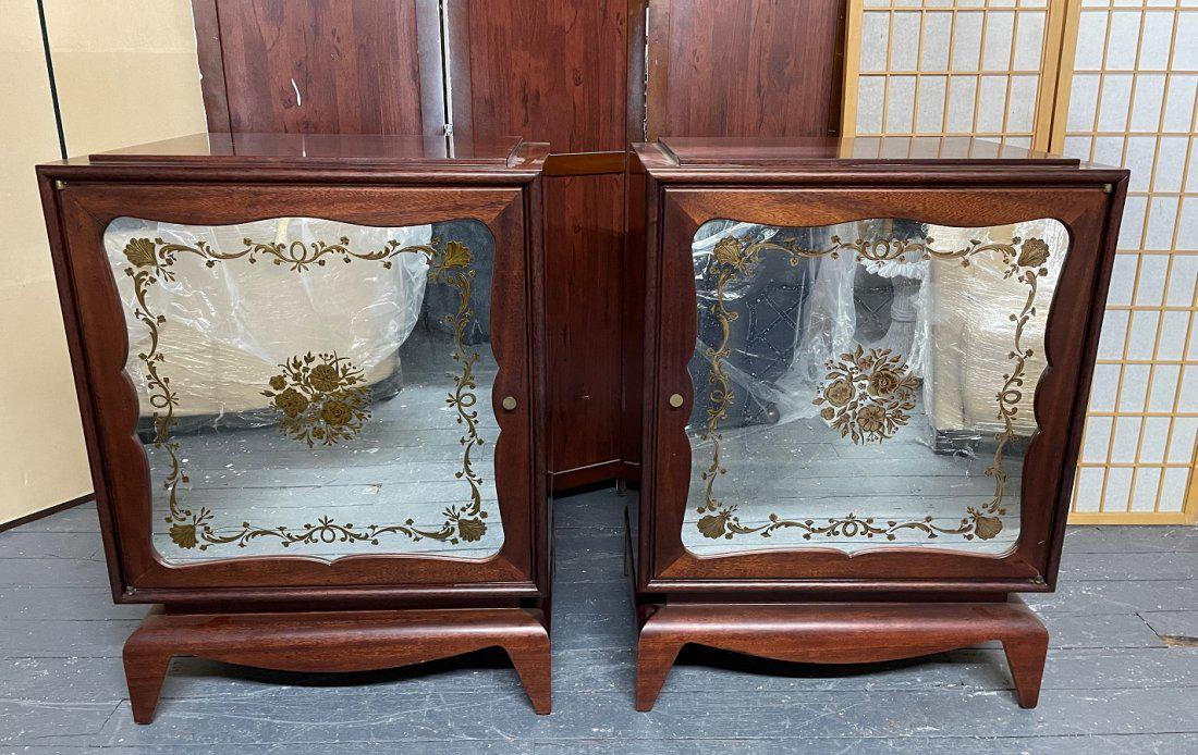 1950s Grosfeld House Style Mahogany Cabinets: 19502s Grosfeld House Style Mahogany and etched mirrored front cabinets. Measures: 35.5H x 26.5W x 18d