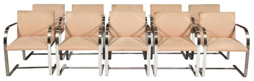 Brno Armchairs by Mies Van Der Rohe for Knoll - 10: Set of 10 Brno Armchairs by Mies Van Der Rohe for Knoll. The chairs have flat bar steel and polished chrome plated frames with the original fabric. Measures: 31.5H x 23W x 20.5D.