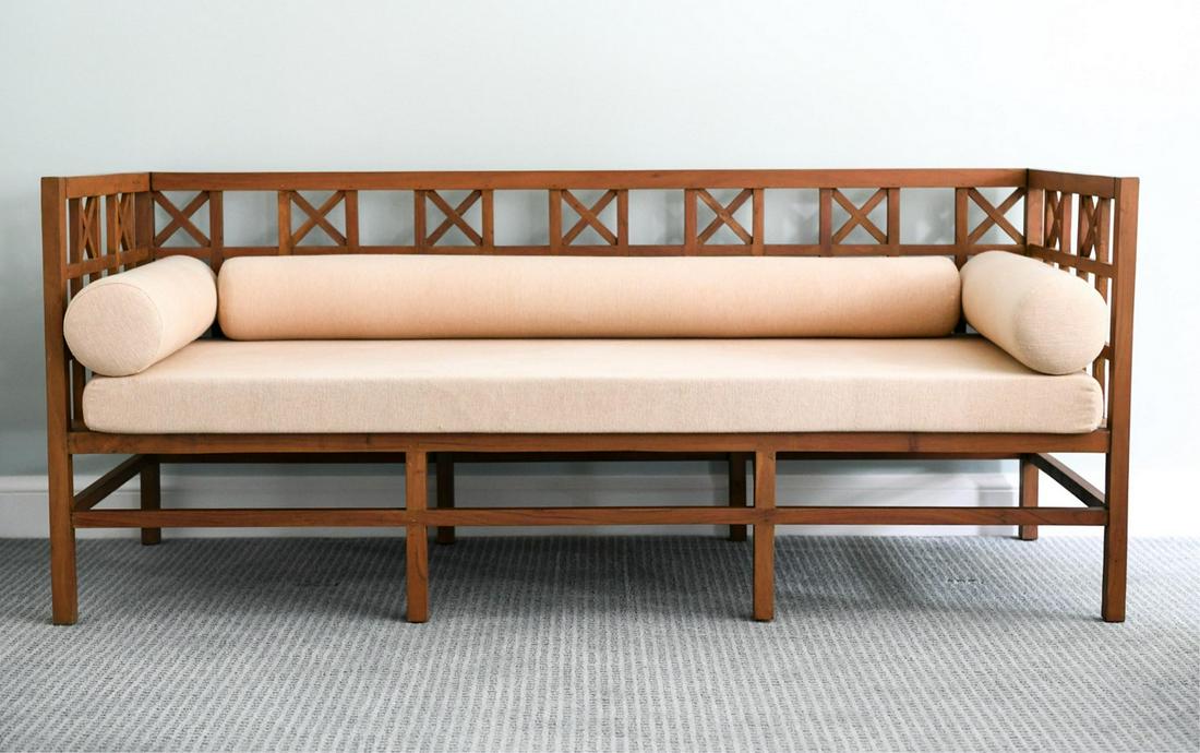 Lattice Sofa: Hardwood frame with a lattice pattern. Loose cushions. Measures: 32H x 76.75W x 31D. SH18