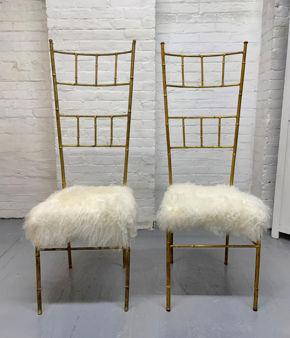 1960s Tall Gold Gilt Metal Chairs w/ Sheep Fur Seats (1 of 3)