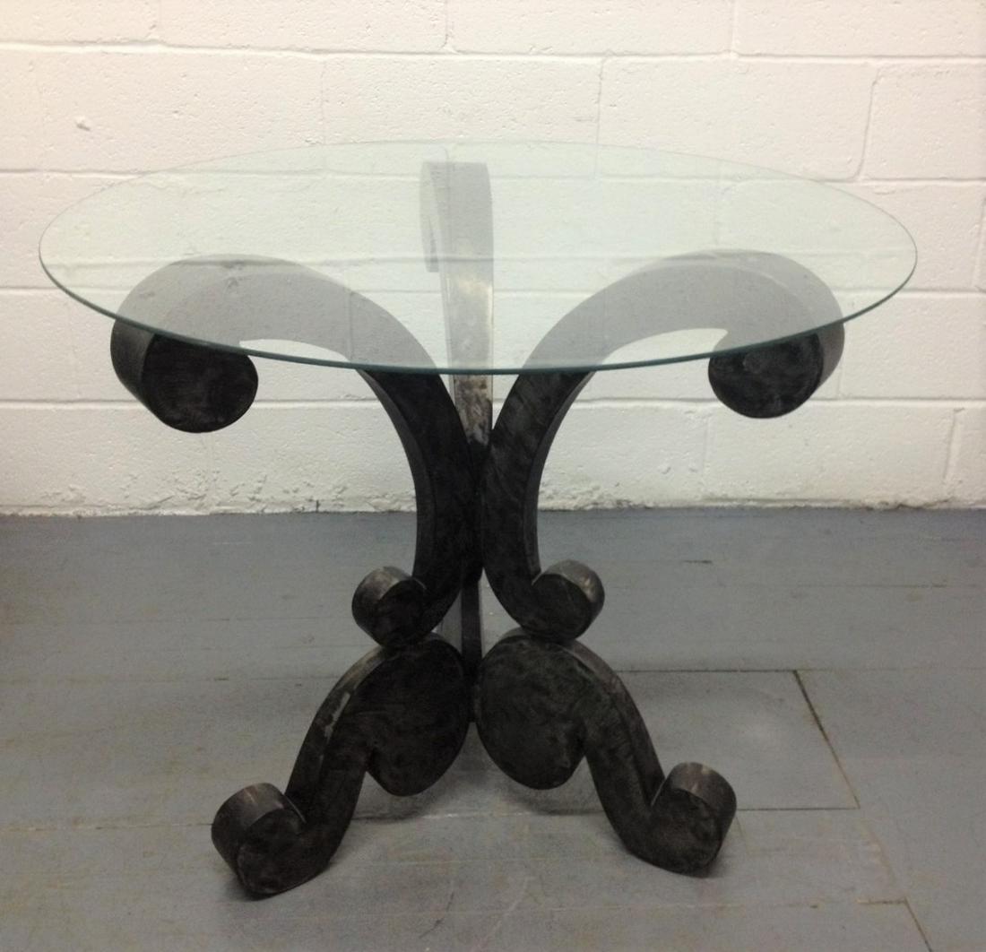 Brushed Metal Center Table: Round glass top. Measures: 30H x 29 in diameter