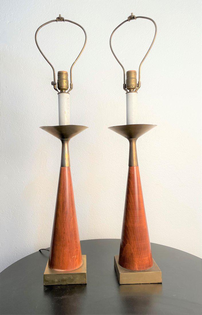 1960s Walnut and Brass Lamps - Pair (1 of 3)