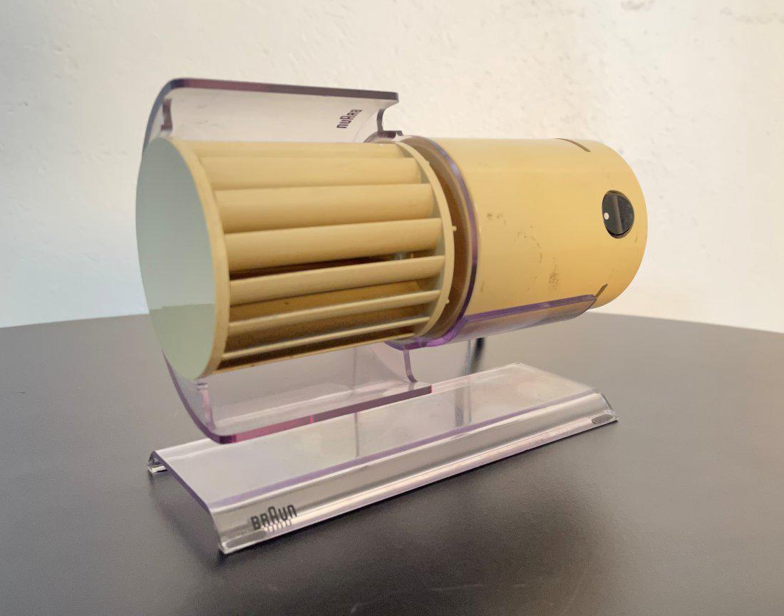 Braun Table Fan: Removable acrylic stand. Made in Germany. Measures: 4.5H x 6W x 3D.