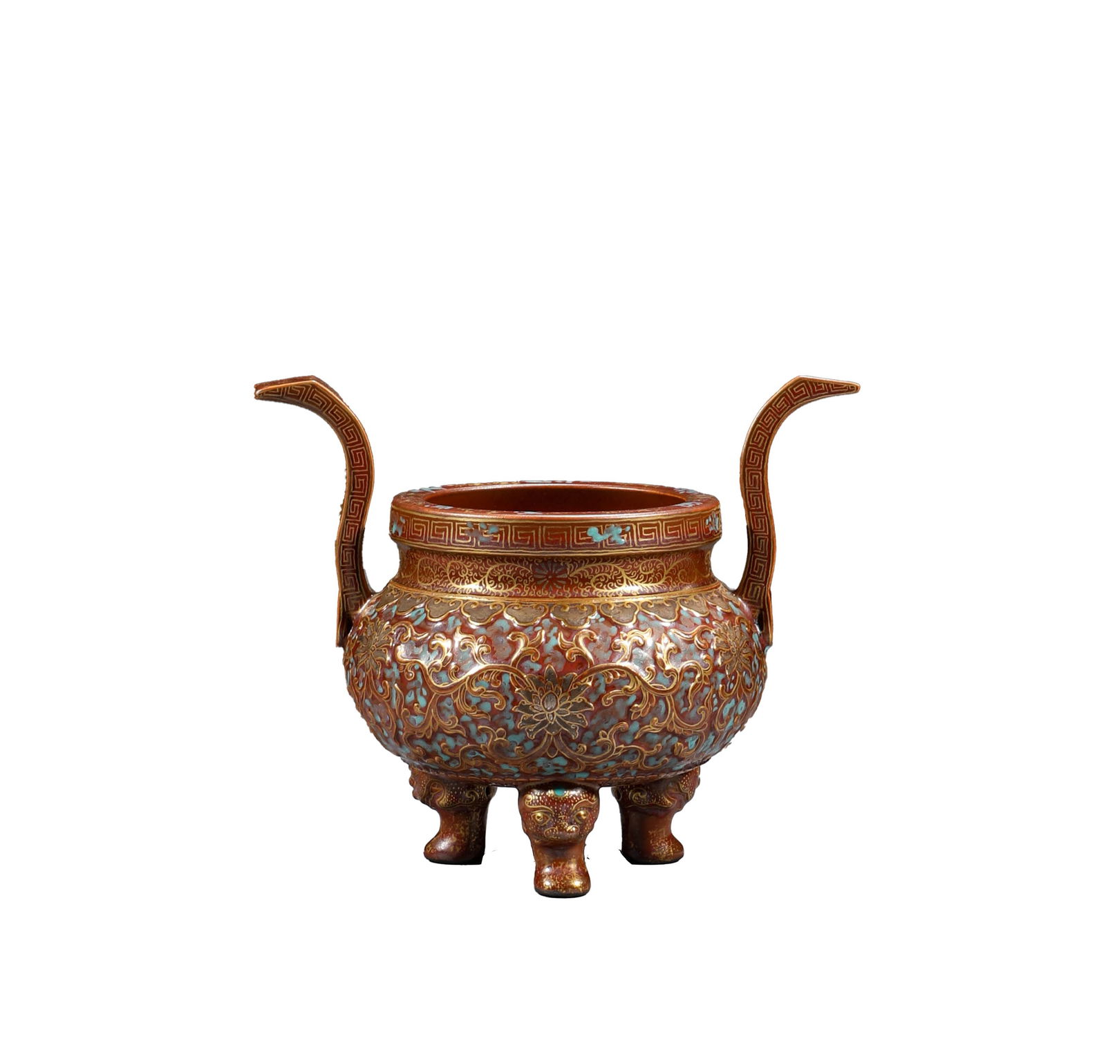 In the Qing Dynasty, the Lu Jun glazed three legged double ear stove: H:13cm,W:16.5cm,Weight:513.5g
