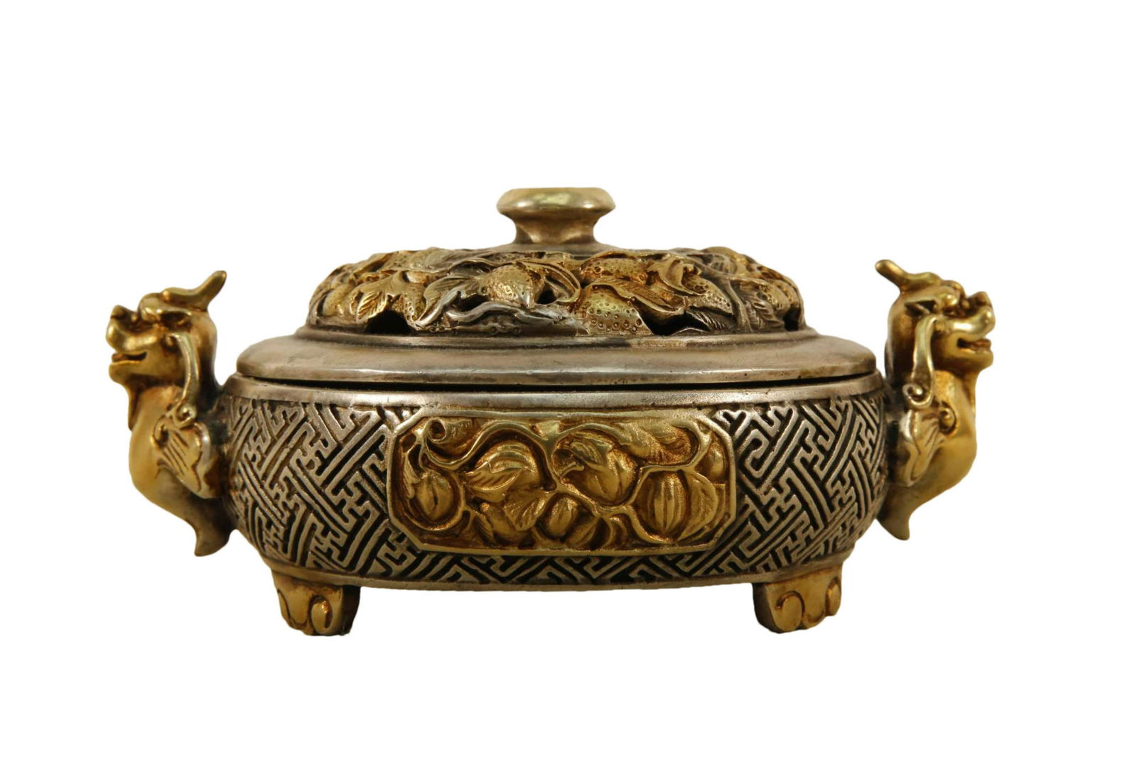A Gilt-Bronze Silver 'Peach' Unicorn-Handled Tripod Censer And Cover (1 of 7)