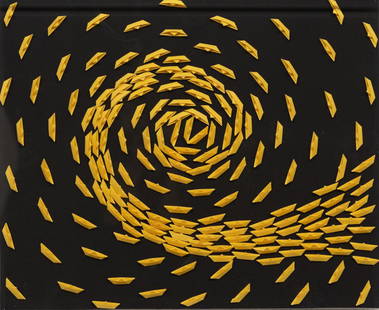 RICCARDO GUSMAROLI Vortice giallo, 2022: RICCARDO GUSMAROLI 1963 Vortice giallo, 2022 Barchette di carta su tela cm. 45x55 Firma al retro Archivio Gusmaroli su fotografia PROVENIENZA Collezione privata, Brescia