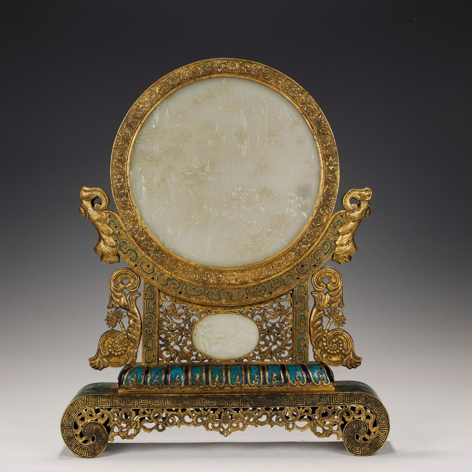 Qing Dynasty cloisonne gilded jade screen insert (1 of 8)