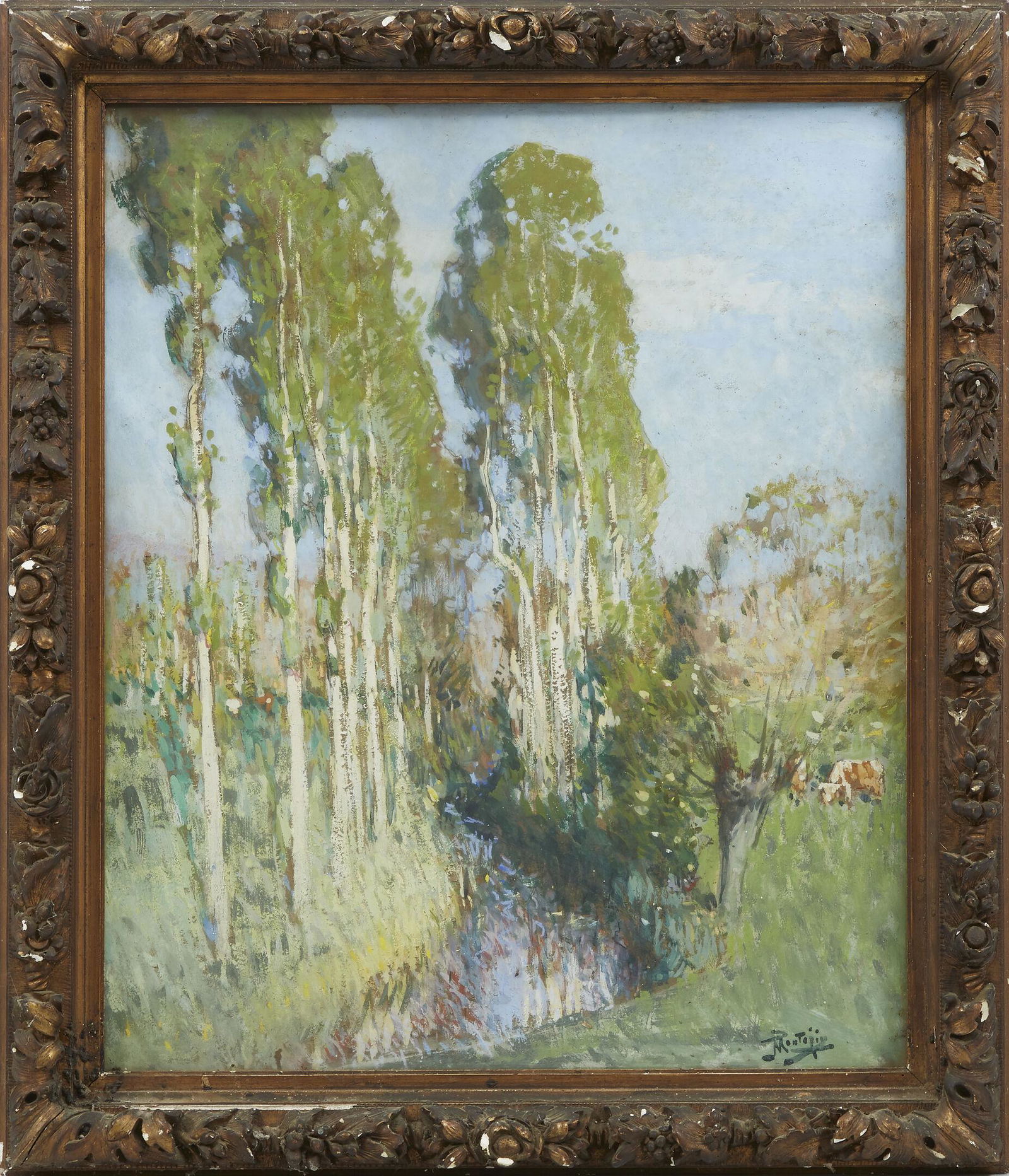 PIERRE EUGÈNE MONTEZIN (1874-1946) Vaches au pré et ruisseau au printemps Gouache, (1 of 2)