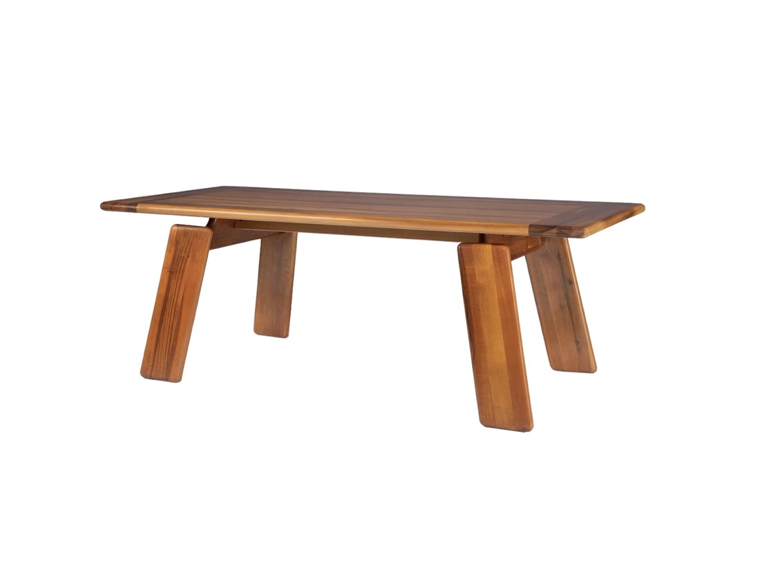 MARIO MARENCO (1933 - 2019) & MOBIL GIRGI (ÉDITEUR) Table de salle à manger, "Sapporo", circa: MARIO MARENCO (1933 - 2019) & MOBIL GIRGI (ÉDITEUR) Table de salle à manger, "Sapporo", circa 1980, en noyer massif animé de bandes de diverses nuances de bois, piétement quadripode formé de lame