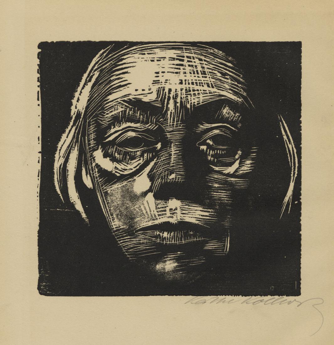 Kathe KOLLWITZ: Frontal Self-Portrait: Kathe KOLLWITZ (1867-1945): "Frontal Self-Portrait" / "Selbstbildnis von vorn" (original German title). Woodcut on wove paper 1922-23. References: Klipstein 168; XIII b; Knesebeck 193, XIV, b. Publish