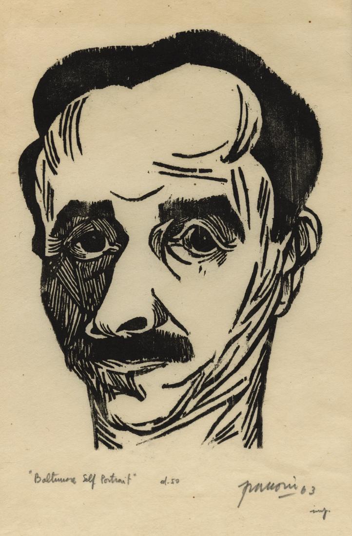 Antonio FRASCONI: "Baltimore Self-Portrait": Antonio FRASCONI (1919-2013): "Baltimore Self-Portrait". Woodcut on thin japan wove paper, 1963. Edition of 50. Signed, dated, titled, and annotated in pencil. Image size: 7 1/8 x 5 1/4 inches.
