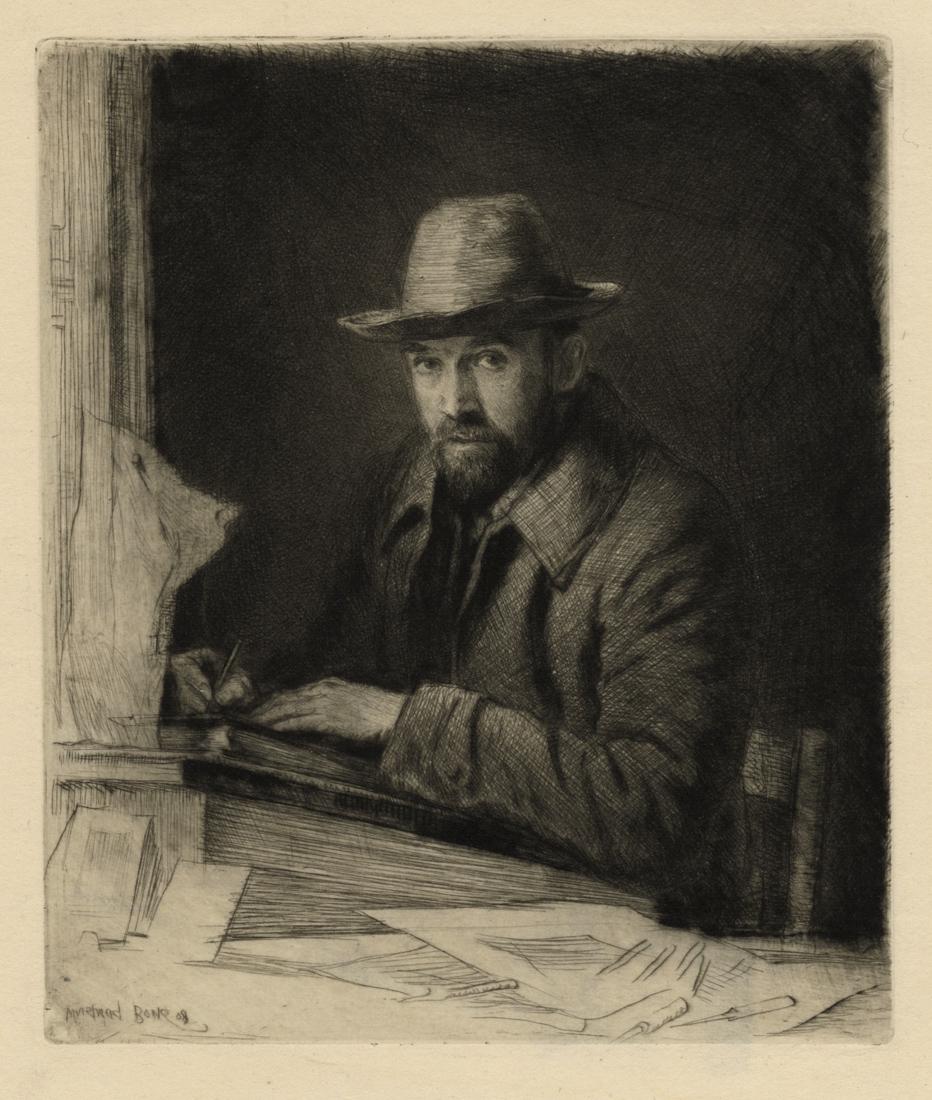 Muirhead BONE: "Self-Portrait": Muirhead BONE (1876-1953): "Self-Portrait" or "Portrait of the Artist in a Hat, No. 2". Drypoint and etching on thin japan laid paper, 1908. Reference: Dodgson 246. Signed and dated in the plate. Plat