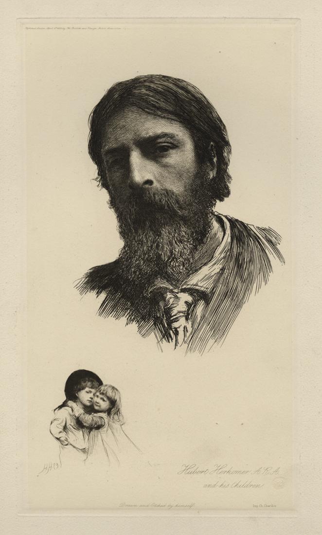 (Sir) Hubert von HERKOMER: "Self-portrait": (Sir) Hubert von HERKOMER, A.R.A. (1849-1914): "Self-portrait with His Children". Etching with drypoint on wove paper, 1879. Signed, titled, dated and inscribed in the plate. Published by the "British