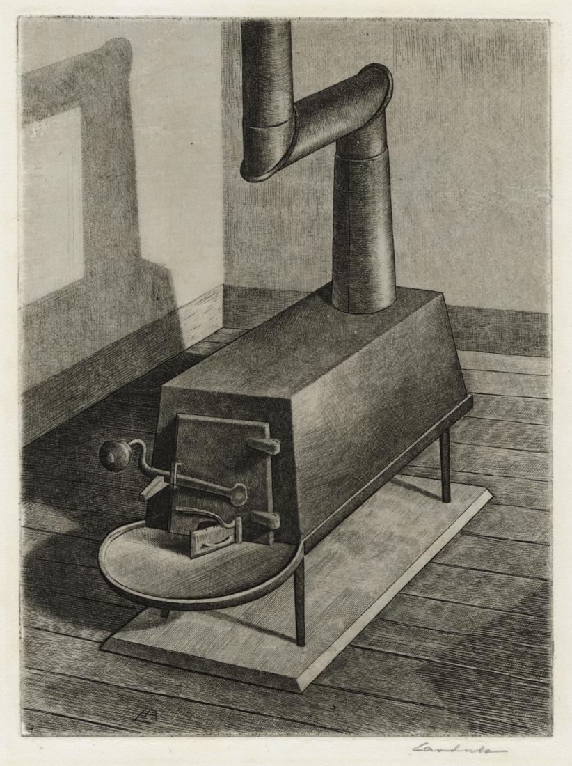 Armin LANDECK: "Shaker Stove": Armin LANDECK (1905-1984): "Shaker Stove". Drypoint on wove paper, 1938. Reference: Kraeft 72. Edition of 100. Signed in pencil. Plate size: 8 x 6 inches.