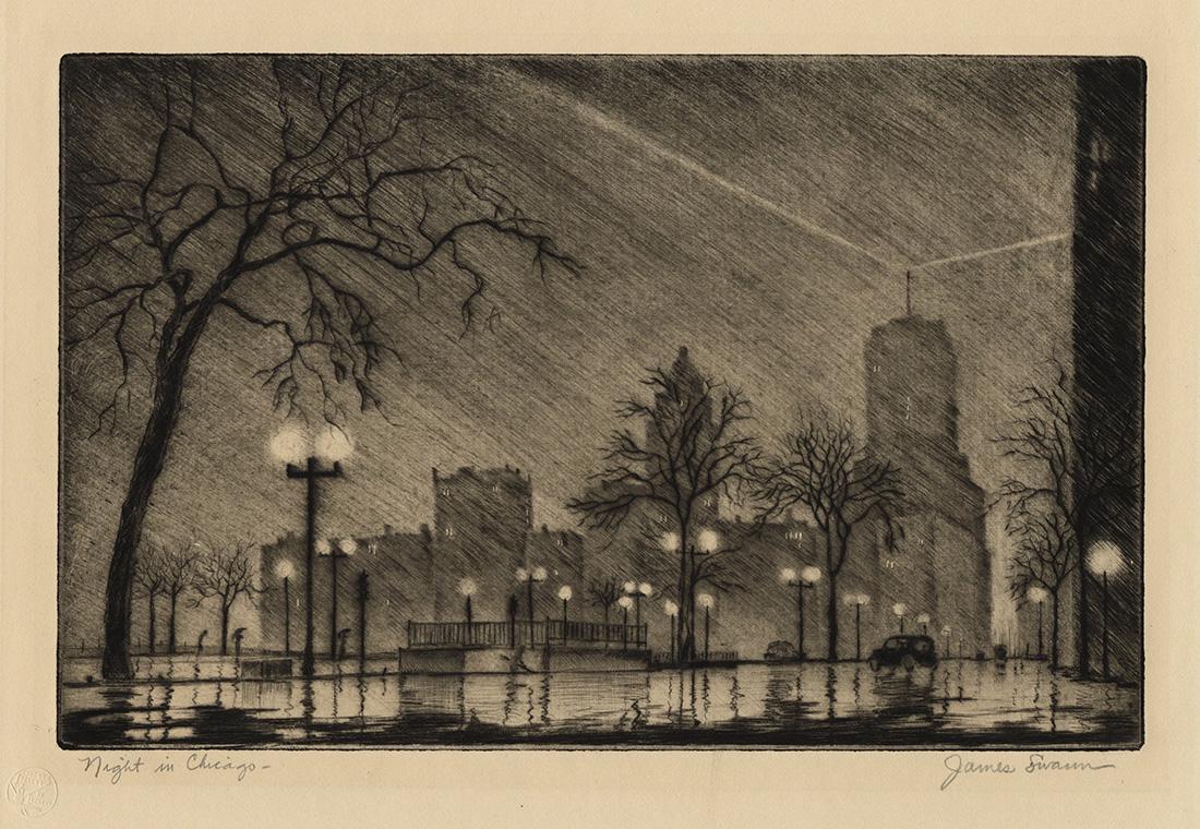 James SWANN: "Night in Chicago": James SWANN (1905-1985): "Night in Chicago". Etching on wove paper. Signed and titled. Blindstamp of the "Chicago Society of Etchers" at lower left. Plate size: 6 7/8 x 10 3/4 inches.