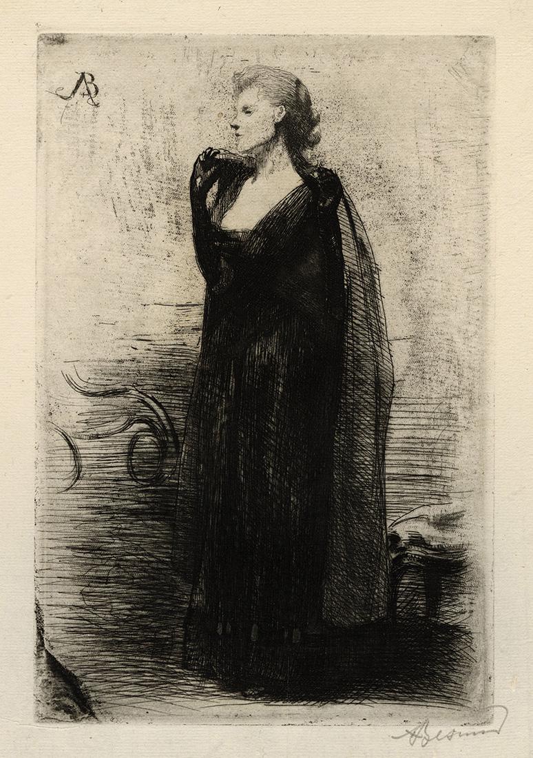 Paul Albert BESNARD: "The Lady in Black": Paul Albert BESNARD (1849-1934): "The Lady in Black" / "La Dame en Noir" (original French title). Etching on old laid paper, 1890. Reference: Delteil 97 iii/iii. Third and final state. Edition unknown