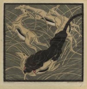 Norbertine BRESSLERN-ROTH: "Attack": Norbertine BRESSLERN-ROTH (1891-1978): "Attack" / "Uberfall" (original German title). Color linoleum cut on thin Japan laid paper, 1922. Signed and annotated in pencil. Image size: 8 5/8 x 8 5/8 inche