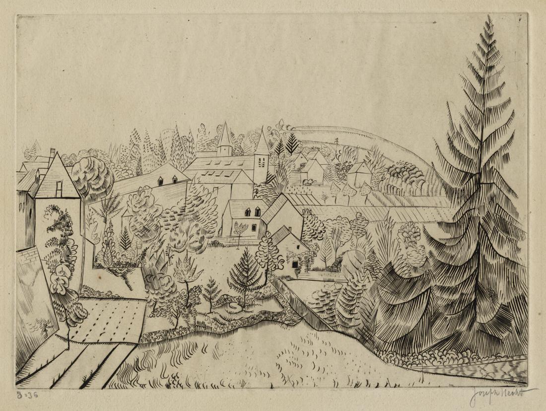 Joseph HECHT: "Treignac": Joseph HECHT (1891-1951): "Treignac". Engraving on laid paper, circa 1923-1925. Reference: Tonneau-Ryckelynck/Plumart 90. Edition of 36. Signed and numbered in pencil. Plate size: 8 5/8 x 11 3/4 inche