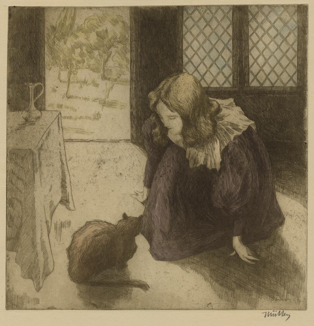 Alfredo MULLER: "The Little Girl with the Cat": Alfredo MULLER (1869-1939): "The Little Girl with the Cat" / "La Petite Fille au Chat" (original French title). Etching with aquatint, printed in bistre with coloring on Lalanne laid paper, 1897. Refe