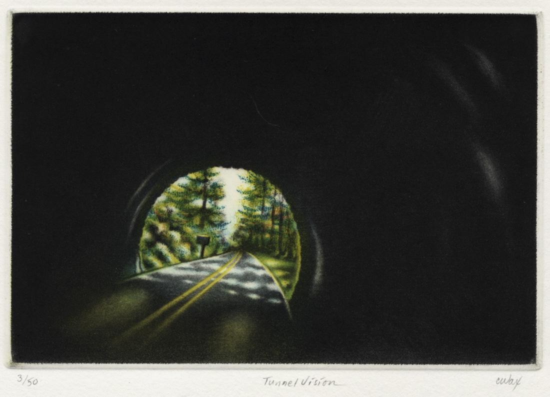 Carol WAX: "Tunnel Vision": Carol WAX (B. 1953): "Tunnel Vision. A suite of three color-separation proofs, along with an impression of the final color mezzotint: four prints in the lot. Each signed, titled, and annotated. Editio