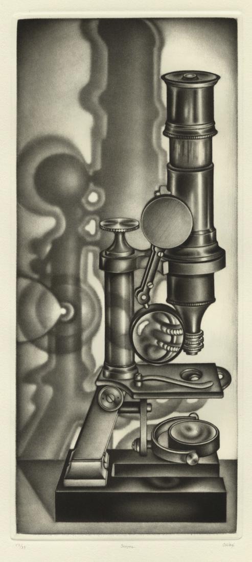 Carol WAX: "Scopes": Carol WAX (B. 1953): "Scopes". Mezzotint on wove paper. Edition of 35. Signed, titled, and numbered in pencil. Plate size: 12 7/8 x 5 5/8 inches. In pristine condition.