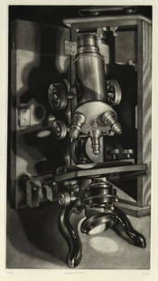 Carol WAX: "Grandpa's Microscope": Carol WAX (B. 1953): "Grandpa's Microscope". Mezzotint printed on wove paper. Edition of 75. Signed, titled, and numbered in pencil. Image size: 15 7/8 x 8 3/4 inches. In pristine condition.