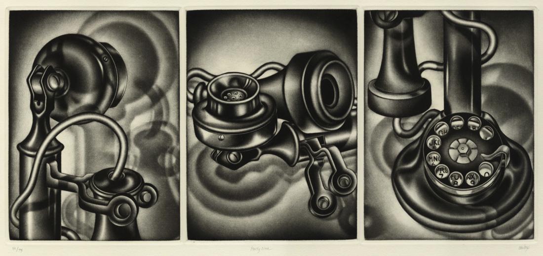 Carol WAX: "Party Line": Carol WAX (B. 1953): "Party Line". Mezzotint, three plates printed on a single sheet of wove paper. Edition of 75. Signed, titled, and numbered in pencil. Overall plate size: 7 7/8 x 18 inches. In pri