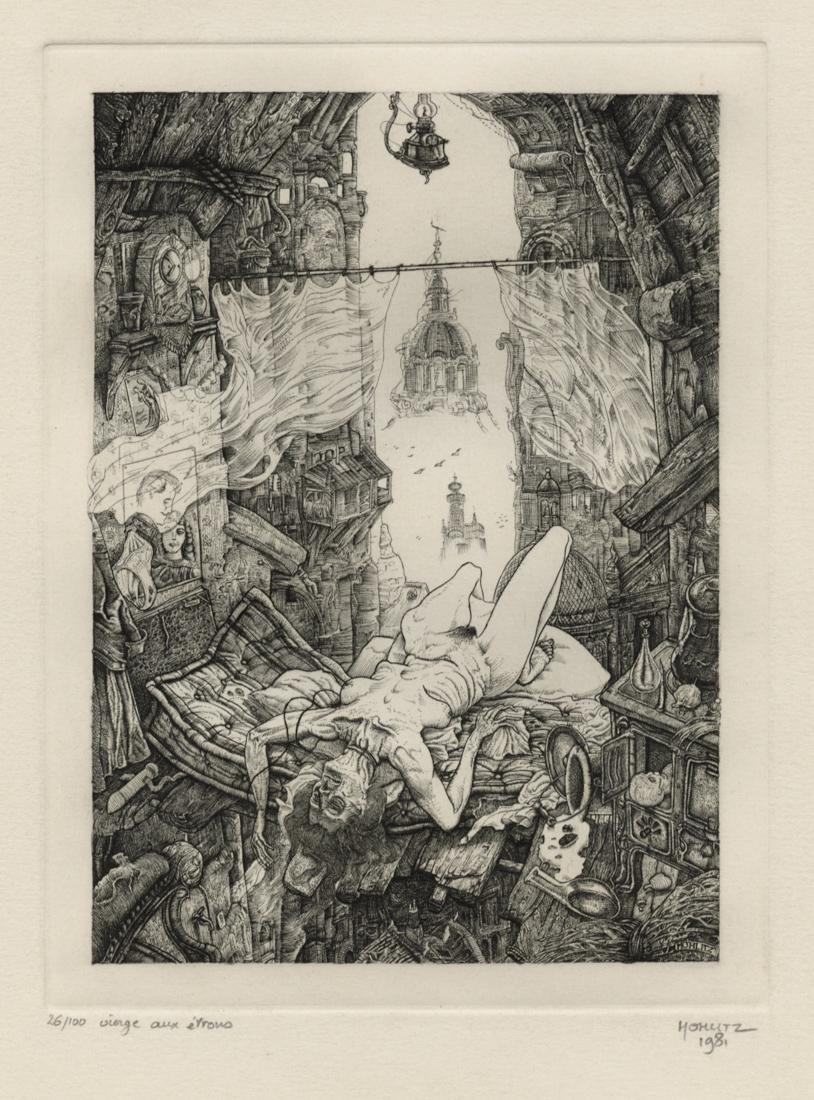 Philippe MOHLITZ: "Virgin with Excrements": Philippe MOHLITZ (1941-2019): "Virgin with Excrements" / "Vierge aux Etrons" (original French title). Engraving on wove paper, 1981. Edition of 100. Signed, titled, dated, and numbered in pencil. Plat