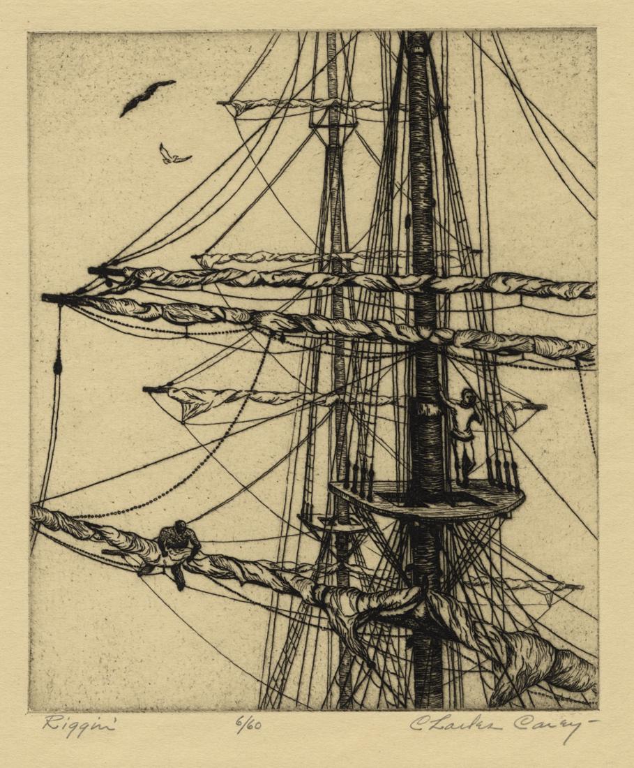 A Group of Three Prints by Charles CAREY: A Group of Three Prints by Charles CAREY (1894-?): A) "Riggin' ". Etching on wove paper. Signed, numbered, and titled in pencil. Edition of 60. Plate size: 5 3/4 x 5 inches. B) "Fishing Shacks - Chica