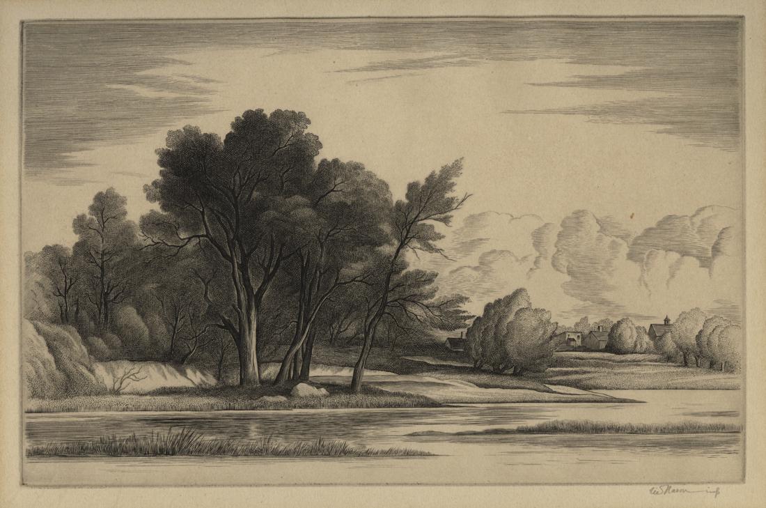 Thomas W. NASON: "Amston Pond": Thomas W. NASON (1889-1971): "Amston Pond". Engraving on wove paper, 1947. Published by "The Society for Print Connoisseurs", with their blindstamp in the bottom margin. Signed in pencil. Plate size: