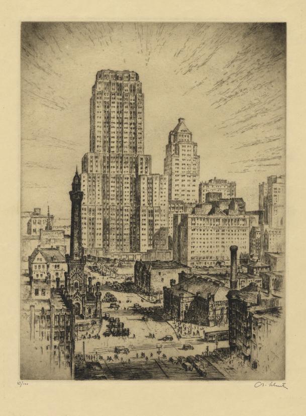 Anton SCHUTZ: "Chicago the Old and the New": Anton SCHUTZ (1894-1977): "Chicago the Old and the New". Etching on simili-Japan paper. Edition of 100. Signed and numbered in pencil. Titled in pencil at the bottom sheet edge. Plate size: 11 7/8 x 8