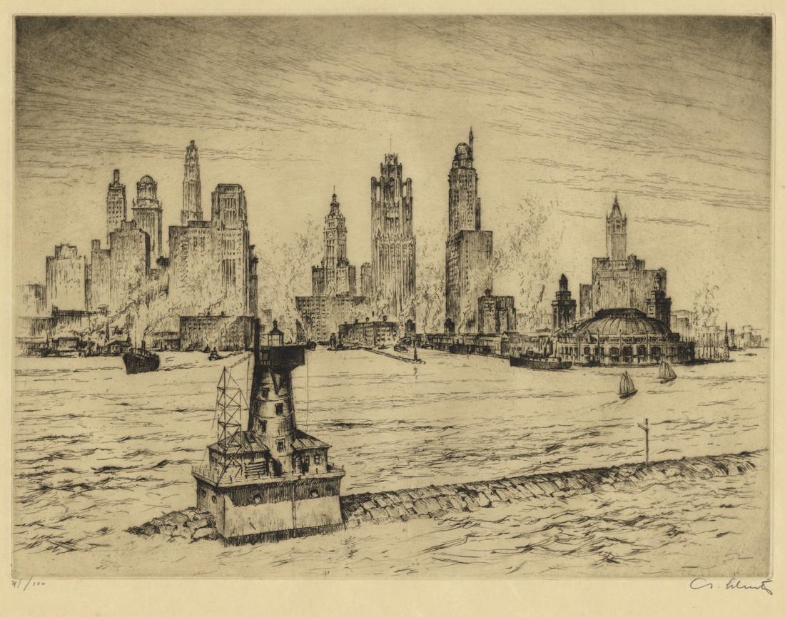 Anton SCHUTZ: "Chicago Harbor": Anton SCHUTZ (1894-1977): "Chicago Harbor". Etching on simili-Japan paper. Edition of 100. Signed and numbered in pencil. Titled in pencil at the bottom sheet edge. Plate size: 8 7/8 x 11 7/8 inches.