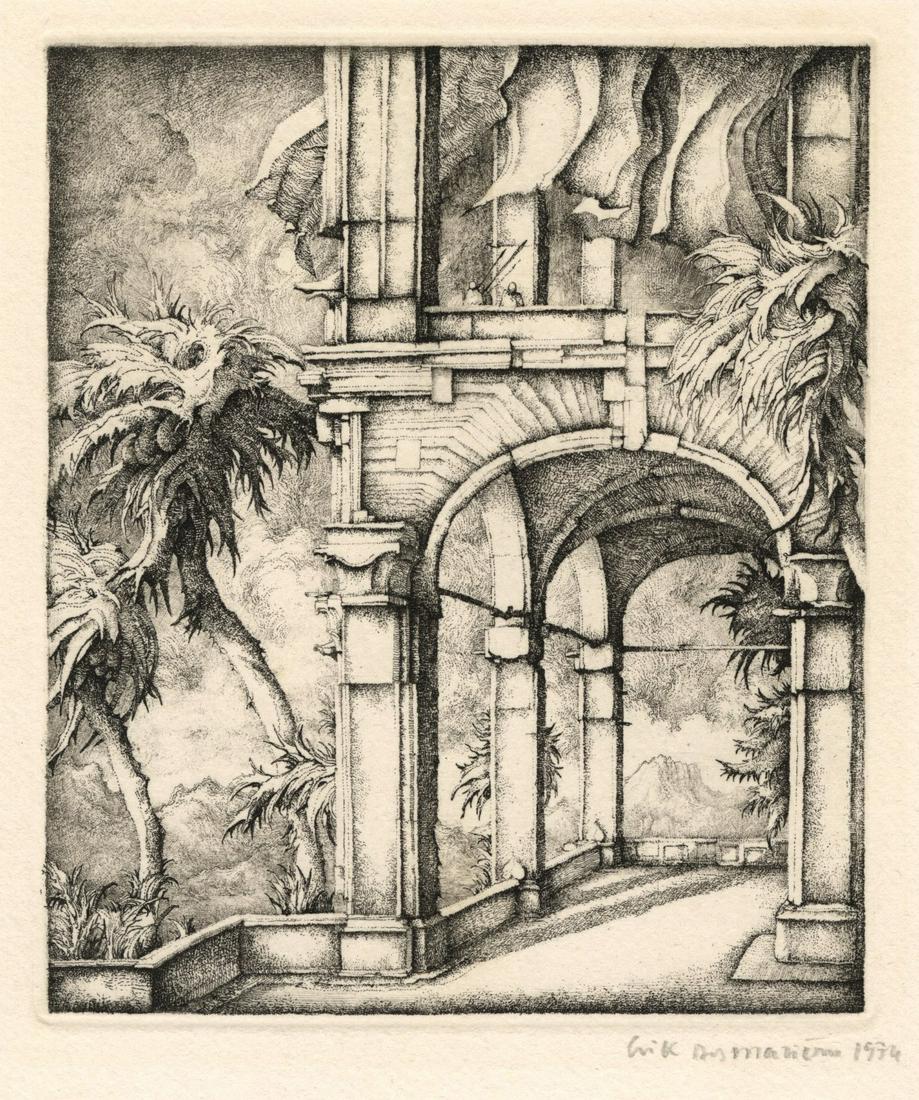 Erik DESMAZIERES: "Le Portique": Erik DESMAZIERES (Born 1948): "The Portico" / "Le Portique" (original French title). Etching on wove paper, 1974. Ref: Fitch-Febvrel 14. Signed and dated in pencil. Plate size: 5 1/4 x 4 1/2 inches.