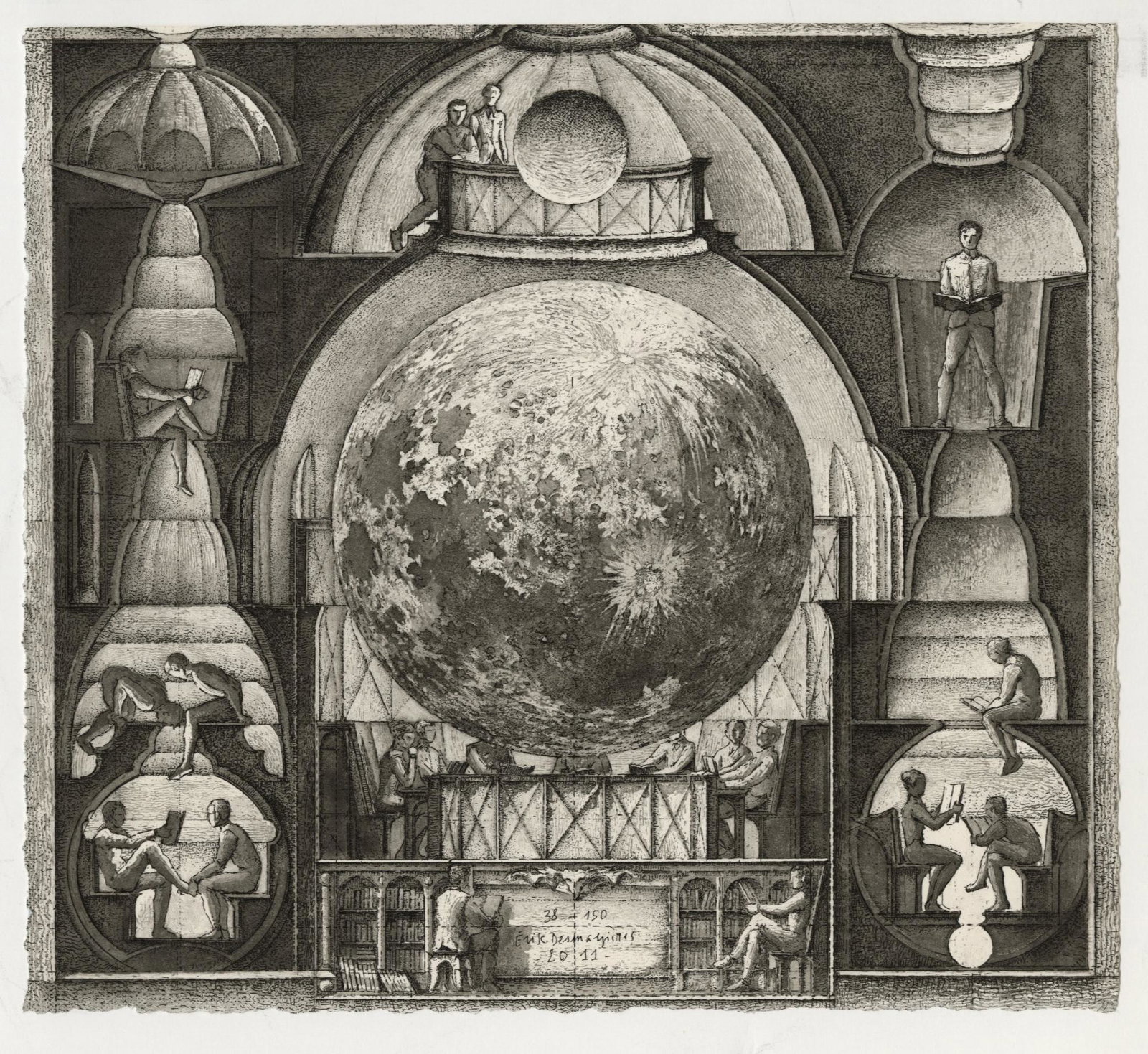 Erik DESMAZIERES: "La Lune en Ses Quartiers": Erik DESMAZIERES (Born 1948): "The Moon in Its Quarters" / "La Lune en Ses Quartiers " (original French title). Aquatint and etching on wove BFK Rives paper, printed to the deckled sheet's edge (as is