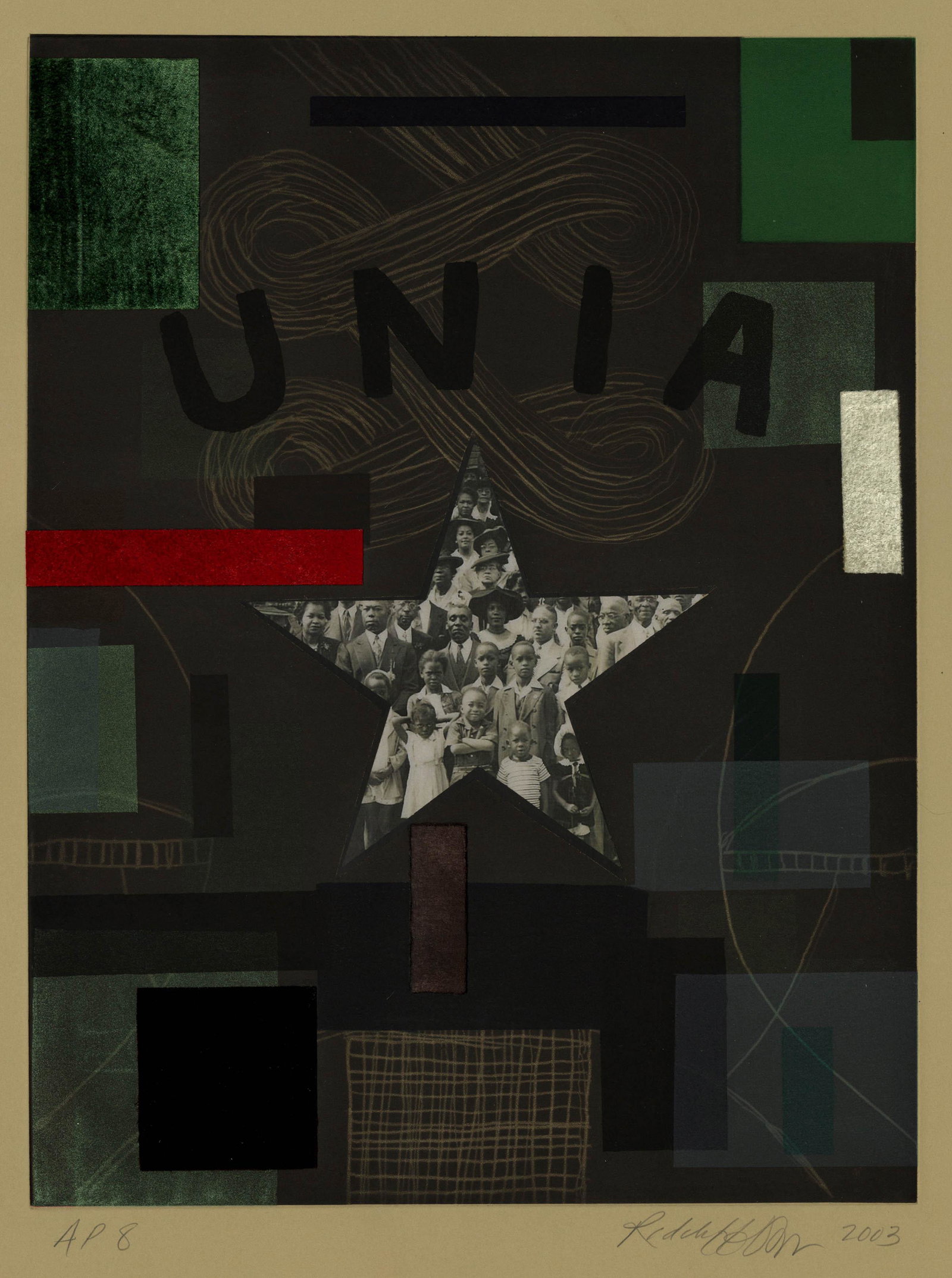 Radcliffe BAILEY: "Unia".: Radcliffe BAILEY (American, b. 1968): "Unia". Color aquatint with color photocopy chine colle and velvet on Rives paper, 2003. Signed, dated and numbered AP8, aside from the edition of 20. Plate size:
