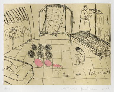 Maira KALMAN: "Five Stones".: Maira KALMAN (American, b. 1949): "Five Stones". Hardground etching with hand coloring and chine colle gampi on Somerset soft white paper, 2012. Signed, dated, and inscribed AP8, aside from the