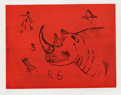 Maira KALMAN: "Rhinoceros".: Maira KALMAN (American, b. 1949): "Rhinoceros". Sugarlift and aquatint on Somerset soft white paper, 2012. Signed, dated, and inscribed AP 8, aside from the edition of 20. With the publisher's blindst