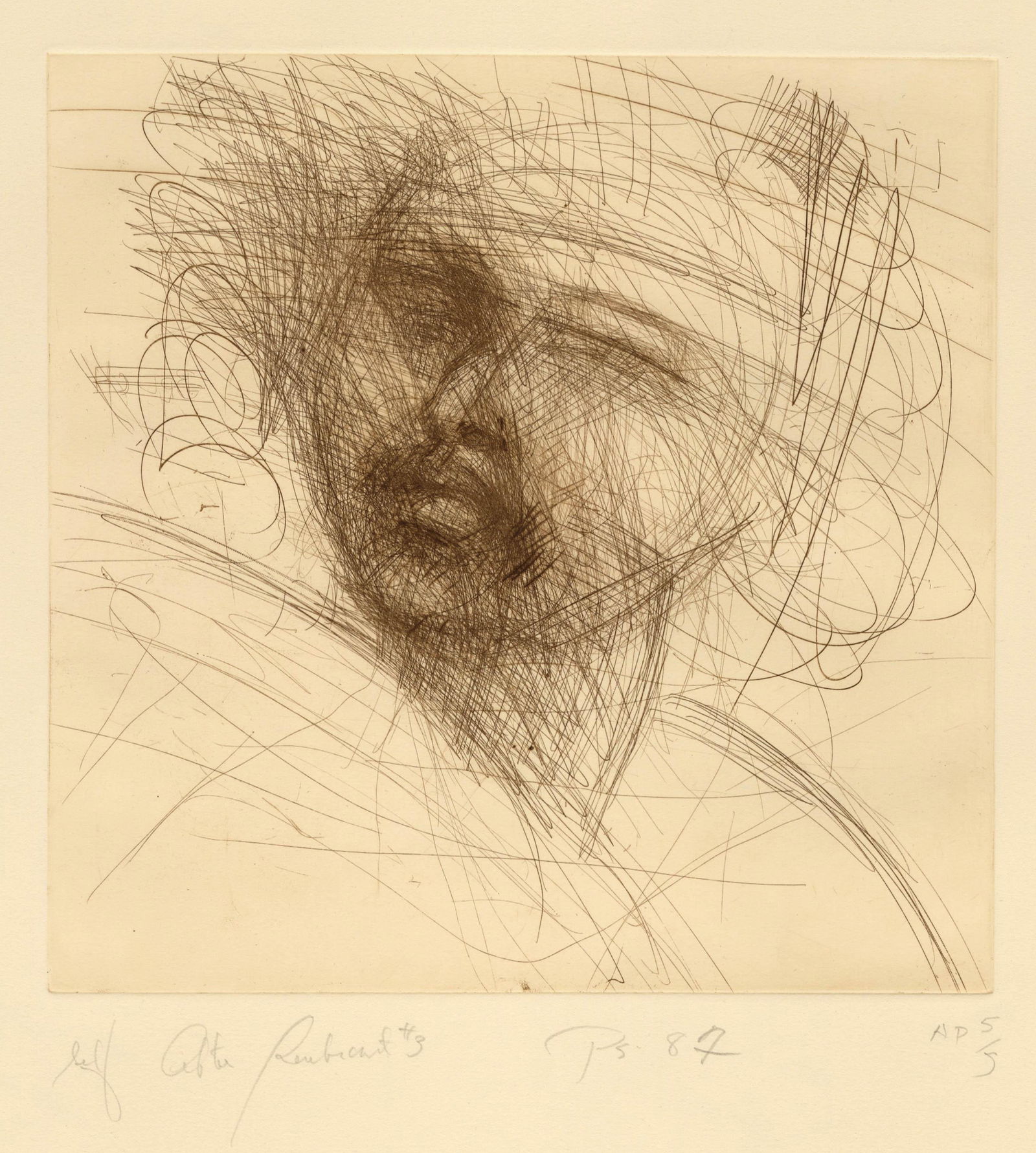 Pat STEIR: "Self After Rembrandt III".: Pat STEIR (American, b. 1940): "Self After Rembrandt III". Hard-ground etching and drypoint, 1987. Signed, titled, dated, and inscribed AP 5/5, aside from the edition of 5. Scarce. Published by Crown