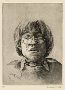 Erik DESMAZIERES: "Portrait aux Lunettes".: Erik DESMAZIERES (French, born 1948): "Portrait aux Lunettes". Etching on Arches wove paper, 1976. Reference: Fitch-Febvrel 22. Edition of 60. Published by "Galerie Bernier", Paris. Signed, numbered,