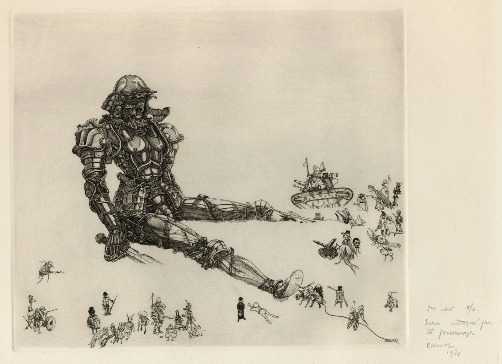 Philippe MOHLITZ: "Heros Attaque par 36 Personnages".: Philippe MOHLITZ (French, 1941-2019): "Heros Attaque par 36 Personnages". Engraving on wove paper, 1971-72. Reference: Kersten & Koschatzky 39. One of five impressions in the second state. Before the