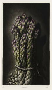 Carol WAX: "Asparagus".: Carol WAX (American, Born 1953): "Asparagus". Color mezzotint on wove paper, 1982. Edition of 30. Signed, titled, and numbered in pencil. Plate size: 10 1/8 x 5 3/4 inches.