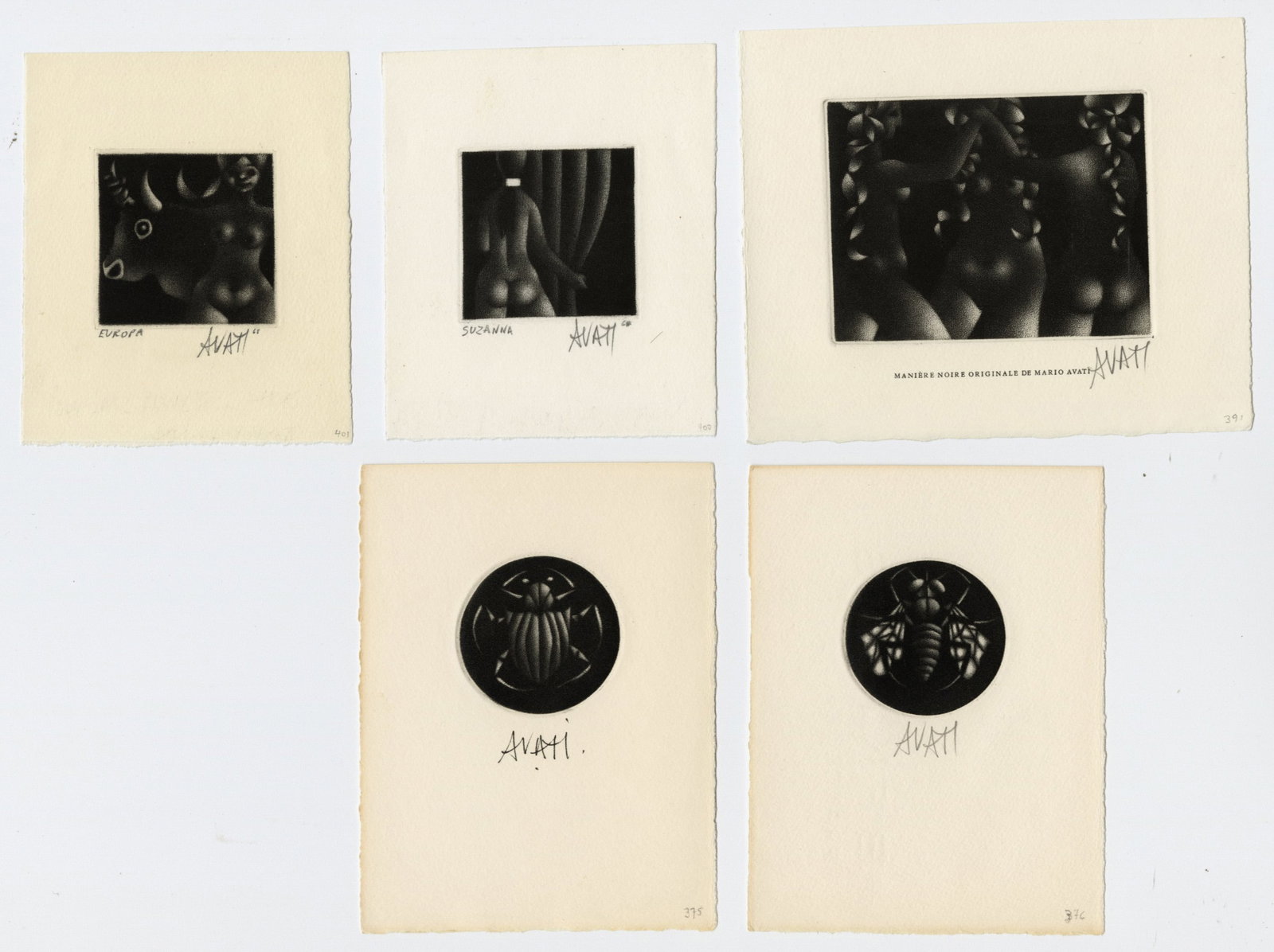 Mario AVATI: "Group of Nine Small Mezzotints".: Mario AVATI (Franco-Italian, 1921-2009): "Group of Nine Small Mezzotints". Mezzotints on wove paper, from circa 1966 to 1970. References: Passeron 375, 376, 383, 386, 391, 400, 401, 432, 505. Subjects