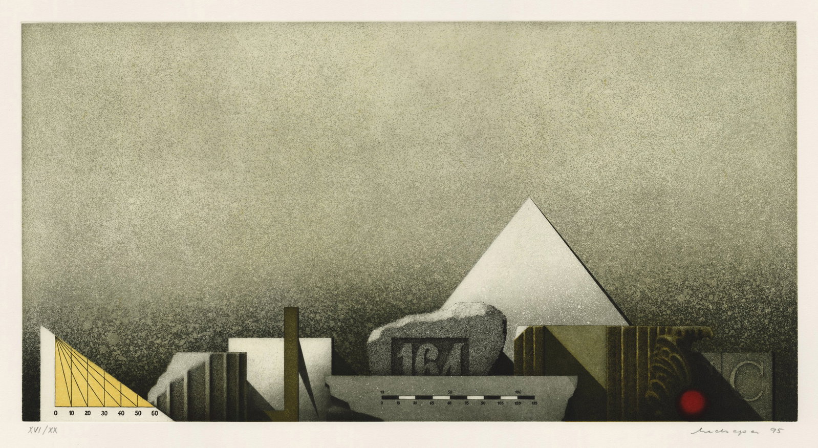 Friederich MECKSEPER: "White Pyramid".: Friederich MECKSEPER (German, 1936-2019): "White Pyramid" / "Weisse Pyramid" (original German title). Aquatint and etching printed in color on BFK Rives wove paper, 1995. Reference: Cramer 268. Editio