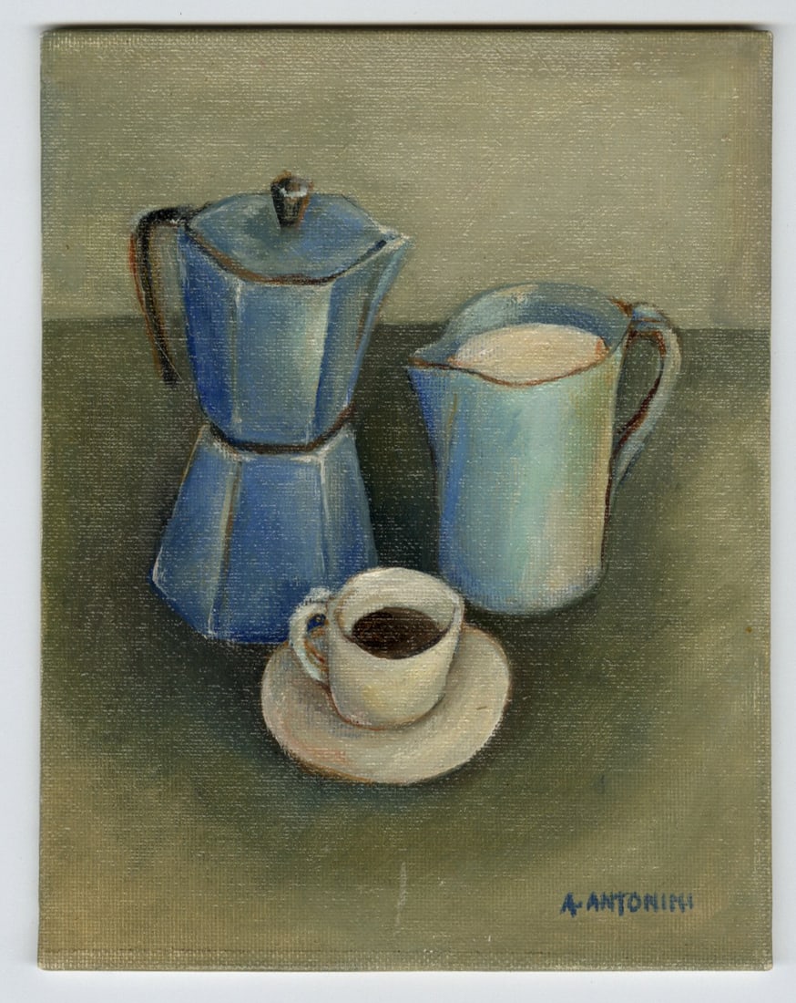 Annapia ANTONINI: "The Stovetop Coffee Maker".: Annapia ANTONINI (Swiss, born 1942): "The Stovetop Coffee Maker" / "La Cafetiere Italienne" (original French title). Oil on canvas mounted on board, 2000. Titled and dated in pencil on the verso. Sign